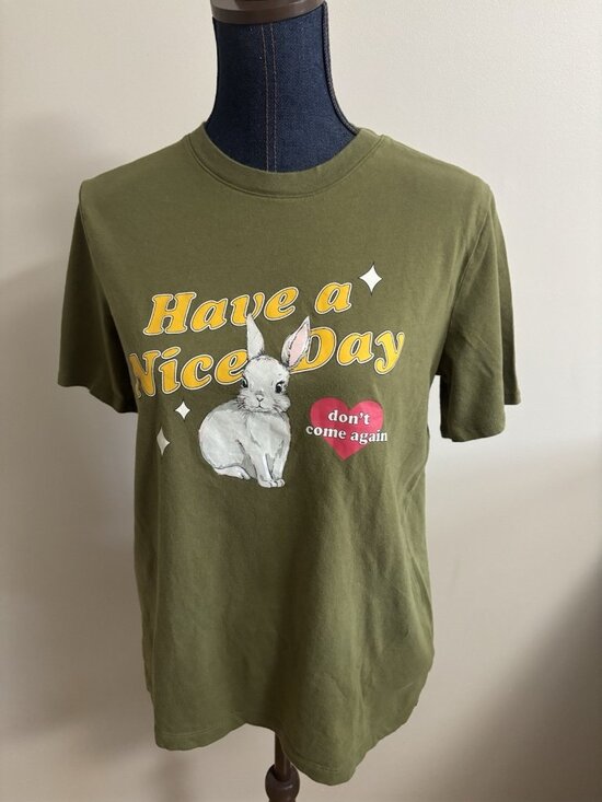 Unbranded Tops - Olive Green Cotton Rabbit Graphic Women's T-Shirt Tee Shirt Top Bunny Funny Med